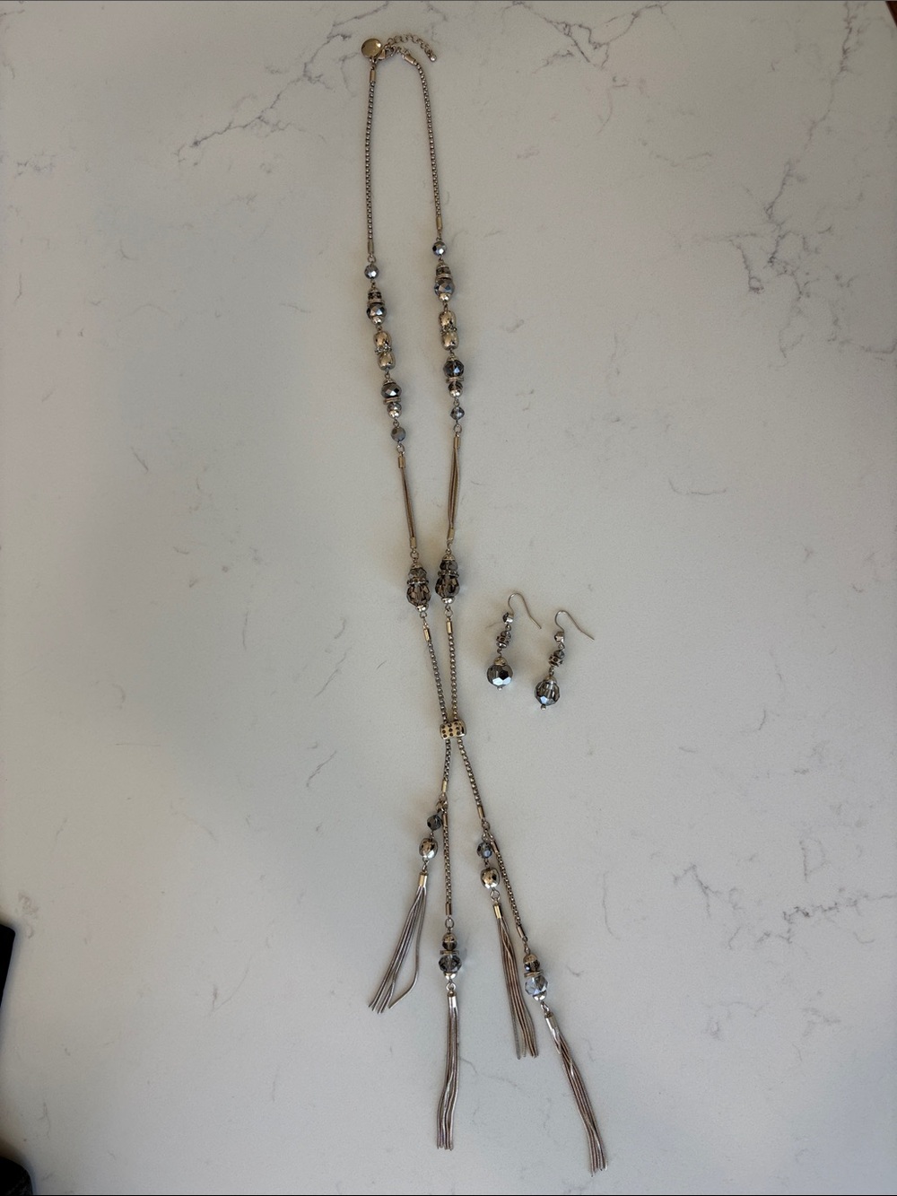 Delicate Two-Tone Tassel Long Necklace with Matching Earrings - Silver and Gold